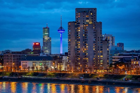 Skyline of Cologne, with the Colonius television tower, skyscrapers, on the Rhine, North