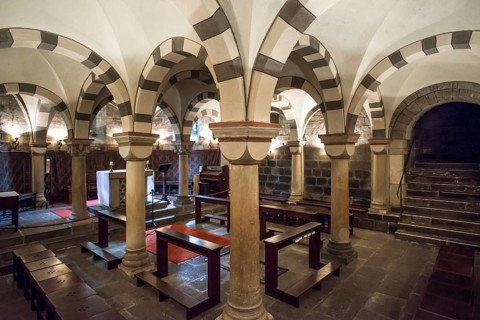 Interior view, crypt, Romanesque monastery church, Maria Laach Benedictine Abbey, Eifel,