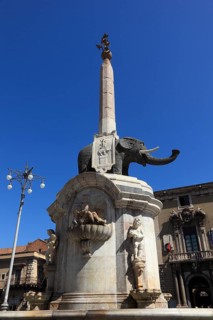 Egyptian obelisk on a lava stone elephant in the Piazza del Duomo, Catania, Sicily, Italy, Europe