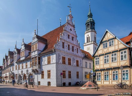 Weser Renaissance town hall in the old town centre on the market square and the tower of the town