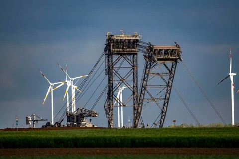 Lignite excavator in the Garzweiler open-cast lignite mine, RWE wind farm, Erkelenz, North