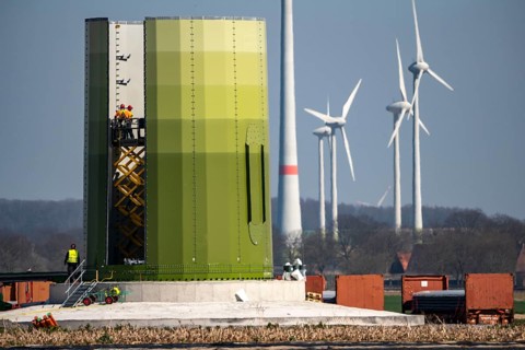 Construction of a wind turbine, Enercon steel pillar, near Kerken, Kleve district, Lower Rhine,