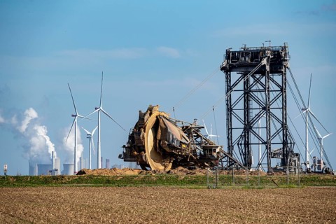 Opencast lignite mine Garzweiler II, bucket wheel excavator dredging, at the edge of the opencast