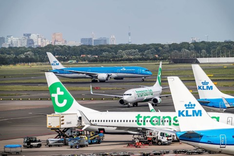 Amsterdam Schiphol Airport, aeroplanes on the taxiway, at the terminal, Gate D, check-in, apron,
