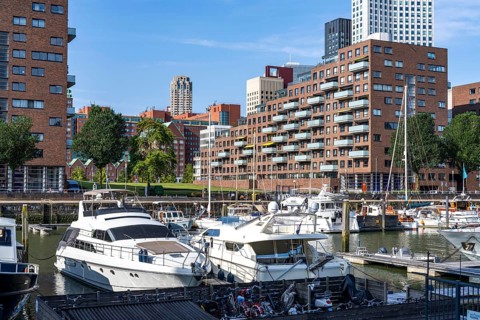 Rotterdam Marina, behind residential high-rise buildings at Spoorweghaven, pleasure craft harbour,