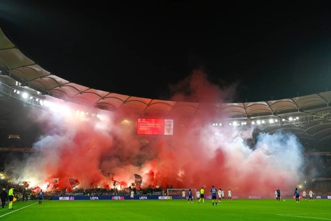 Bengalos, pyrotechnics, pyro, fireworks, Cannstatter Kurve, fan block, atmospheric, threatening,