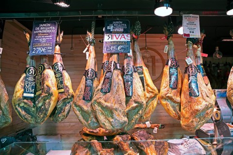 Iberico ham for sale at the Mercado Central, Salamanca, province of Salamanca, Castile and Leon,