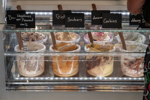 Ice cream flavours in an ice cream parlour, Bavaria, Germany, Europe