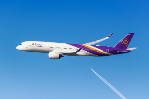 A Thai Airways Airbus A350-900 aircraft with the registration HS-THP at the airport in Munich,