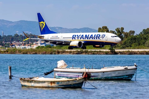 A Ryanair Boeing 737 MAX 8 aircraft with registration 9H-VUY at Corfu Airport, Greece, Europe