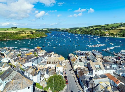 Salcombe and Mill Bay over Kingsbridge Estuary from a drone, Batson Creek, Southpool Creek, Devon,