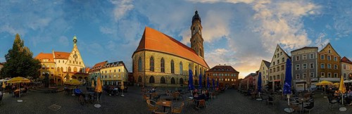 360° panoramic view over the lively market square at dusk with the Basilica of St Martin, Amberg,