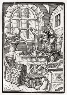 Der Tod kommt zum Geizigen oder Wucherer Woodcut by Georg Scharffenberg after Hans Holbein the