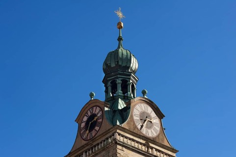 Clock tower of St Emmeram's Basilica against blue sky, Regenburg, Upper Palatinate, Bavaria,