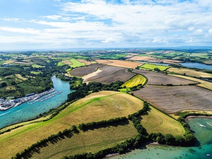 Salcombe and Mill Bay over Kingsbridge Estuary from a drone, Batson Creek, Southpool Creek, Devon,