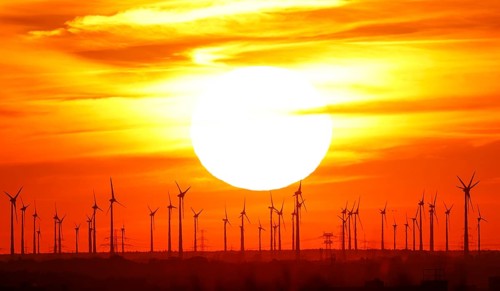 Sunset at a wind farm in Nauen in Brandenburg, 23/08/2022