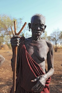 South Ethiopia, in the Maco National Park, in the village of the Mursi, old Mursi woman, with naked