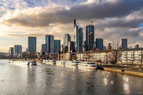 Skyline of the city centre of Frankfurt am Main, river Main, excursion boats at the Main quay,