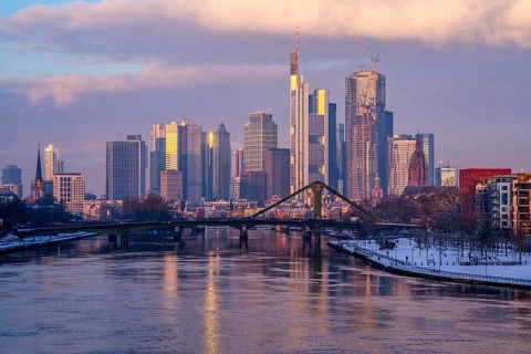 The skyline of Frankfurt am Main, skyscrapers of the banking district, Flößerbrücke, wintry