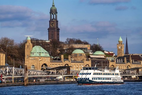 Landungsbrücken, Michel church tower, excursion boat on the Elbe, Hamburg, Germany, Europe