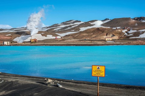 Bjarnarflag geothermal power plant, near Lake Myvatn, hot steam, snow, winter, Iceland, Europe
