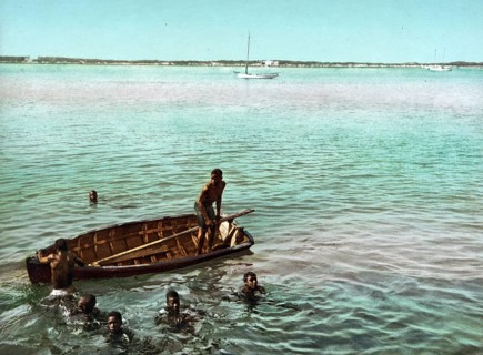 Diving for coins, Nassau, Bahama Islands, digitally restored reproduction from a 19th century