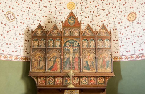 Reredos inside Church of Saint Peter, Manningford Bruce, Vale of Pewsey, Wiltshire, England, UK