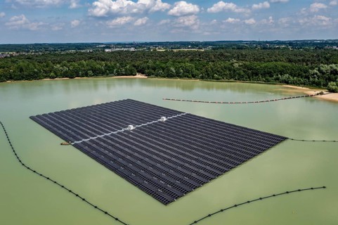 Germany's largest floating solar power plant on the Silbersee III, a quarry pond no longer used for