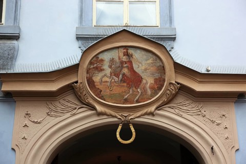 Old historical portrait above an entrance in the Lesser Town district of Prague, Prague, Czech