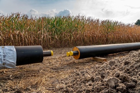 Laying of district heating pipes, next to a field, with maize, the district heating comes from a