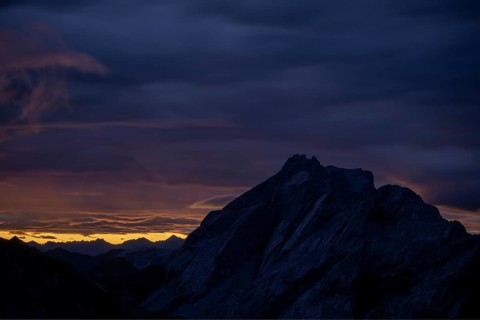 Montafon mountains with dramatic cloudy sky at sunrise, Tschagguns, Rätikon, Montafon, Vorarlberg,