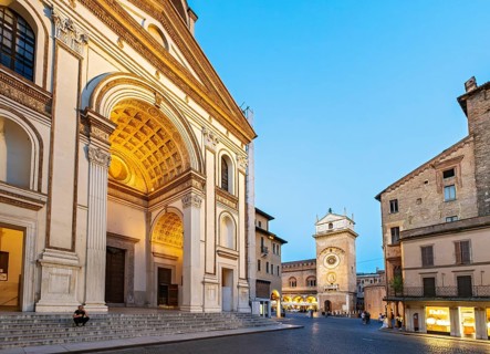 Night-time view of Basilica of Sant'Andrea and Torre Dell'Orologio, Mantua, Mantova, Italy, Europe