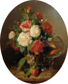 Bouquet of flowers with goldfish bowl, painting by Josef Lauer (1818, 1881), Austrian still life