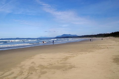 Endless empty sandy beach with swell and mountains in the background, Long Beach, Pacific Rim