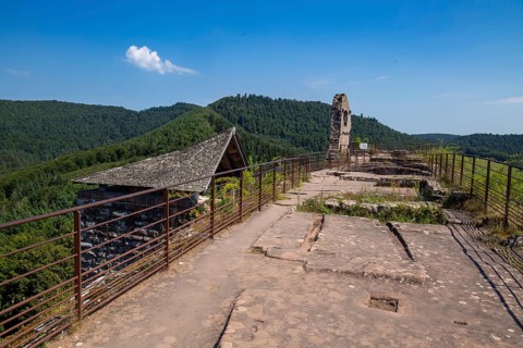 Upper platform of Fleckenstein Castle in Alsace France with a view of the Vosges mountains and the