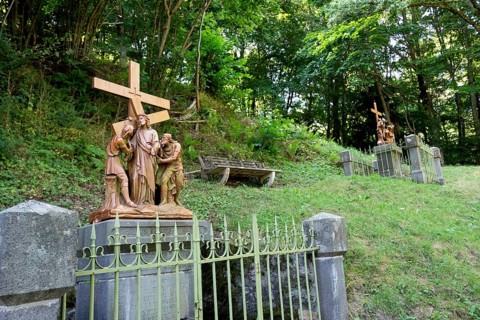 Orcival in Auvergne Volcanoes Regional Natural Park, Statues of Christ's Way of the Cross. Puy de