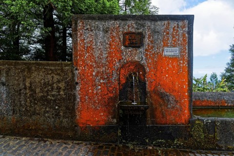 An old stone fountain with moss and algae growth and a weathered historical inscription, crater