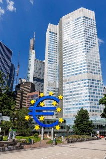 Euro sign symbolising Europe with banks High-rise buildings on Willy-Brandt-Platz in Frankfurt,