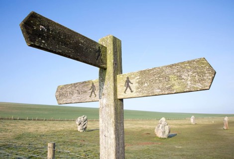 Wooden footpath signpost at the Avenue, Avebury World Heritage site, Wiltshire, England, UK