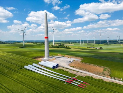 Wind farm near Brilon-Radlinghausen, new wind turbine being built, tower elements and rotors ready