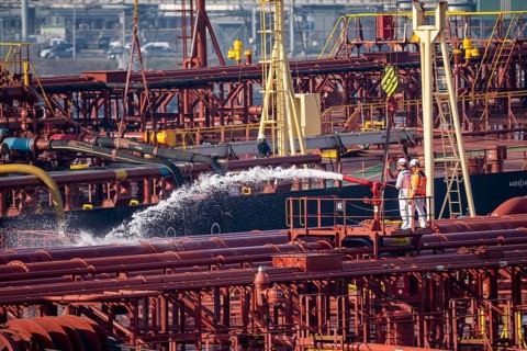 The crude oil tanker HOJO, in the seaport of Rotterdam, in the petroleum harbour, Europoort, ship
