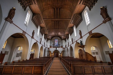 Interior with wooden vault and organ loft of St Otto's Church, built from 1912 to 1914 in Art