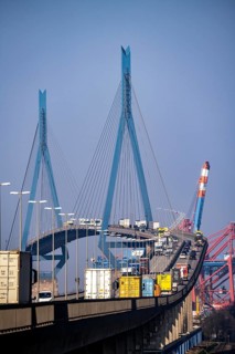 Traffic on the Köhlbrand Bridge in the port of Hamburg, spans the 325 m wide Köhlbrand, an arm of