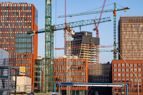 Construction sites in the east of Hafencity Hamburg, office building, new district on the Elbe, on