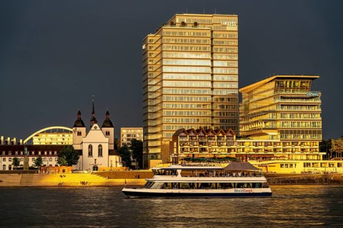 Kennedyufer in Cologne Deutz, on the Rhine, Old St Heribert Church, Lanxess Tower, administration