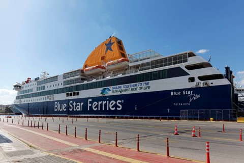 Ferry to the island of Delos of the Blue Star Line, ferry harbour Piraeus, Athens, Attica, Greece,