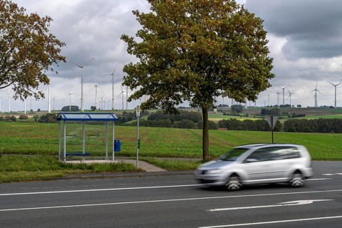 Bus stop in the countryside, on the B68, new, modern bus shelter, line to Warburg, Ostwestfalen