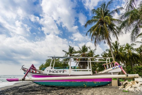 Fishing boat at Magsit beach in Sengiggi, boat, wooden boat, palm beach, travel, tourism,