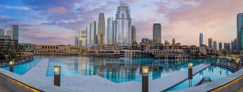 UAE, Dubai panoramic view of city downtown, Dubai Mall and Dubai Fountain