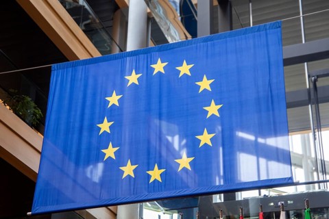 Flag of the European Union in the EU Parliament in Strasbourg